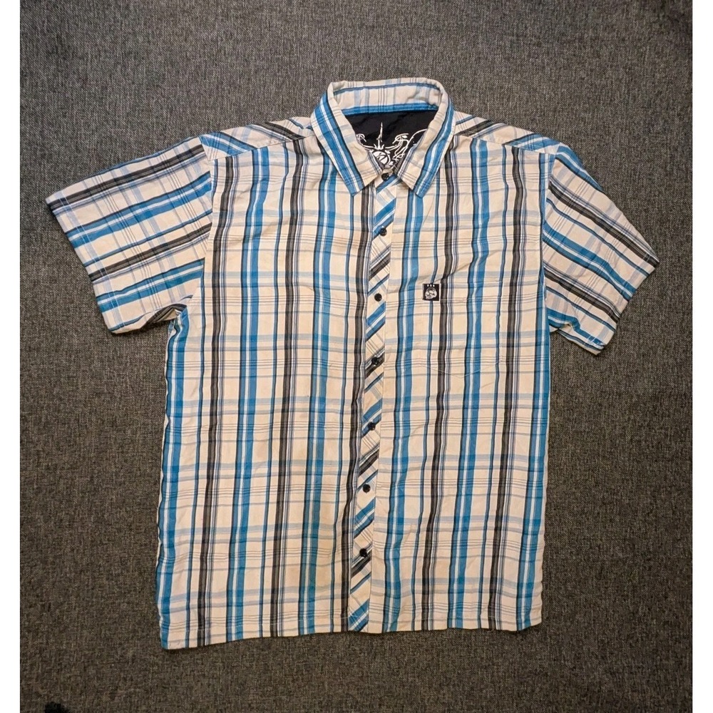 Drill Clothing Co Button Up Shirt Mens 2XL‎ Blue Striped Plaid Shirt Sleeve Polo